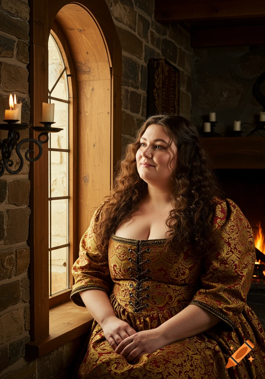 Photorealistic image of a woman in a gold and red historical dress sitting by an arched window in a stone room.