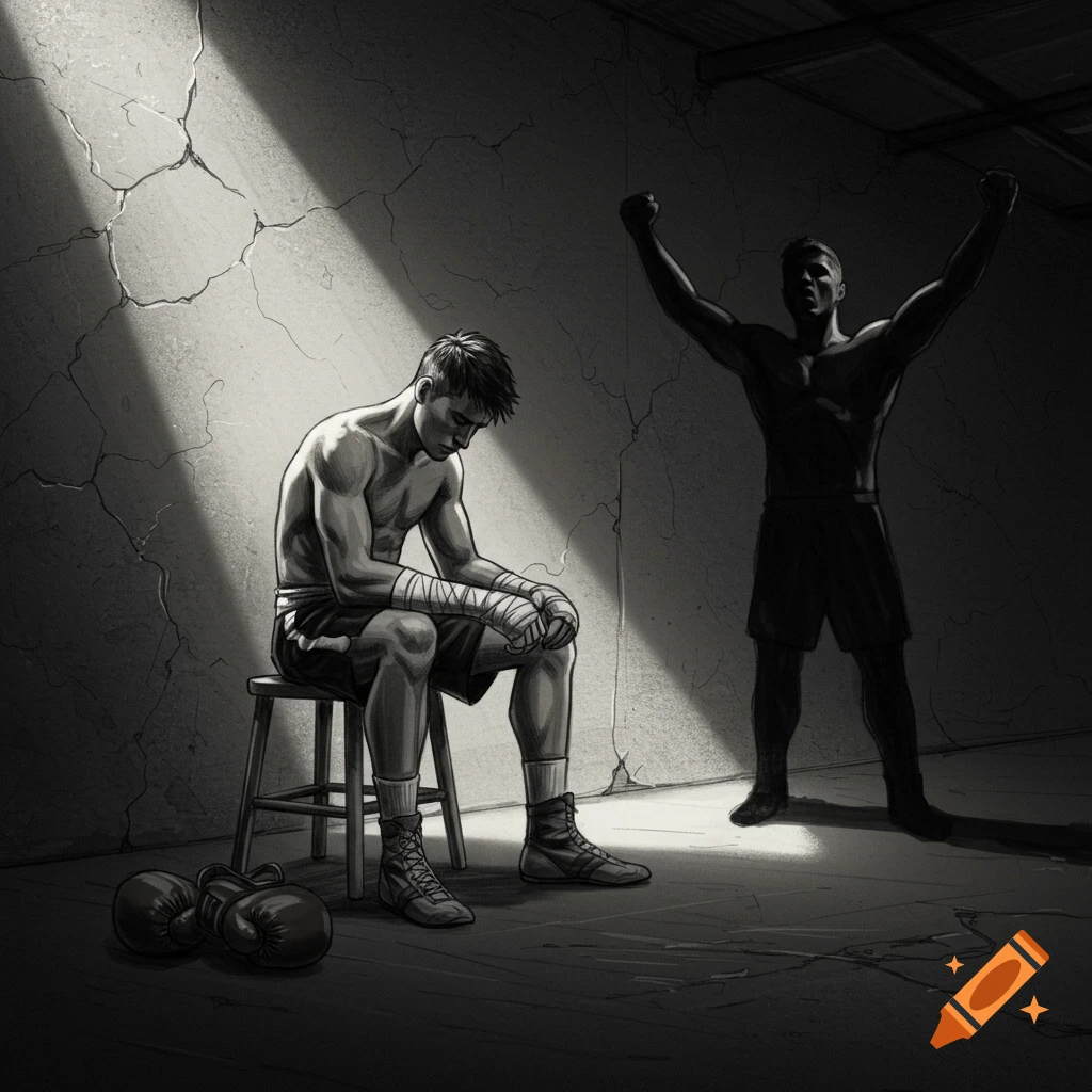 Pencil sketch of a boxer sitting on a stool in a dark gym, with a beam of light casting a victorious shadow on the wall.
