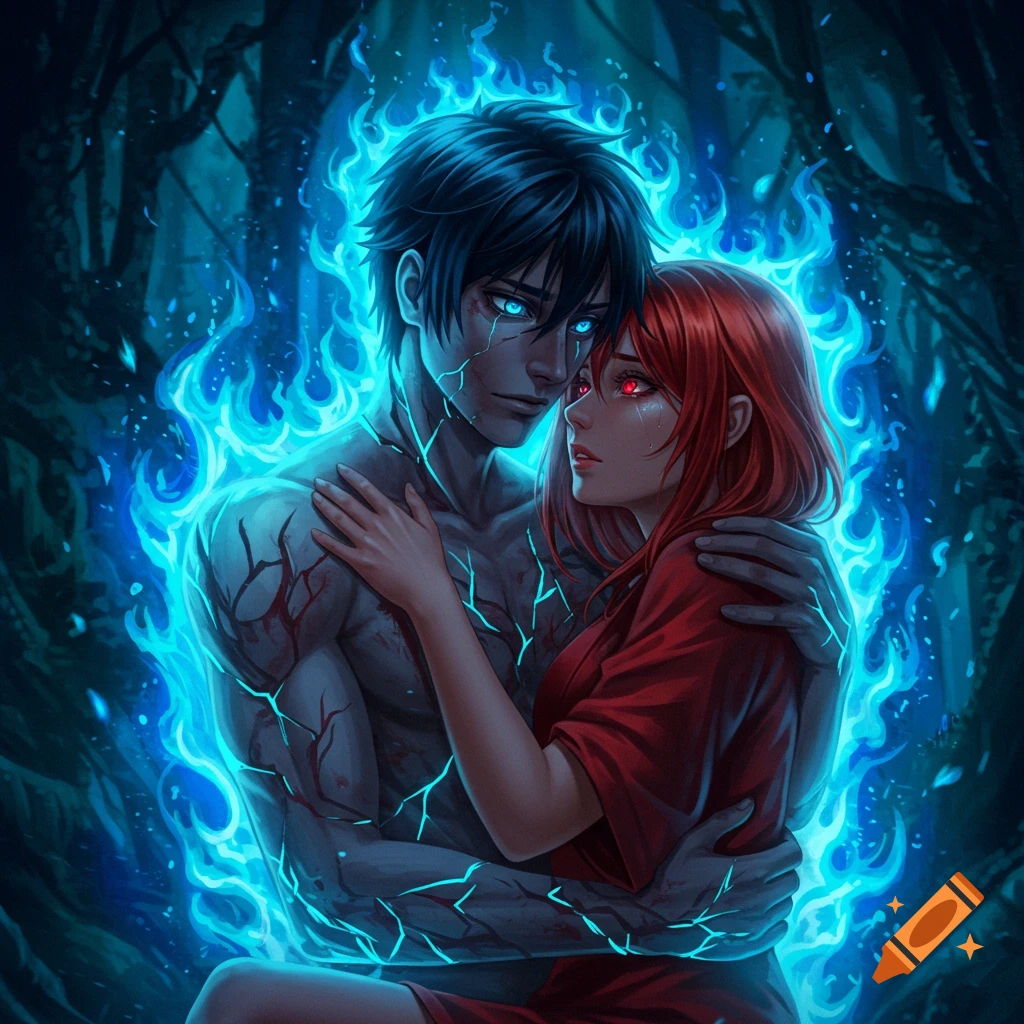 Anime man with blue eyes and cracked skin embracing a woman with red eyes, surrounded by blue flames in a dark setting.