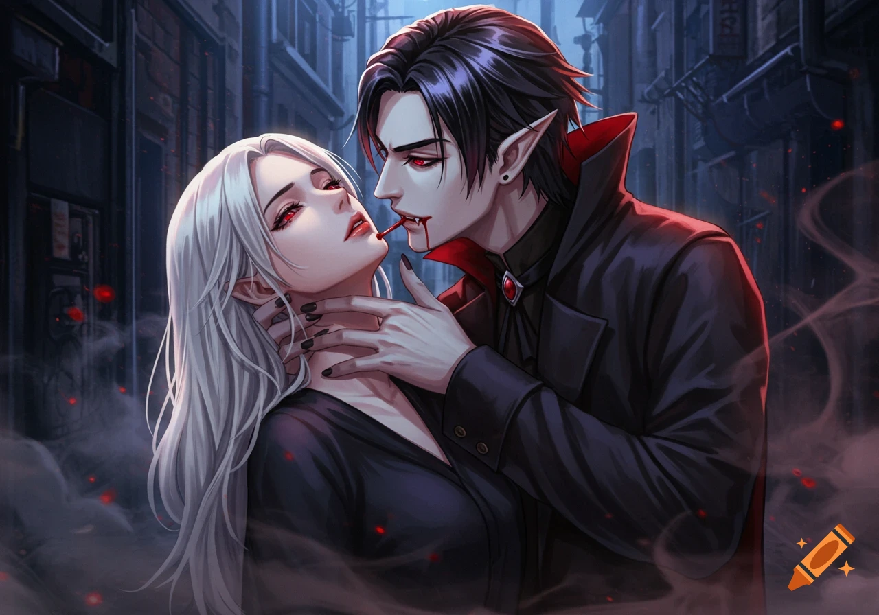An anime-style vampire with fangs and blood on his lips leans in to bite a white-haired woman's neck in a dark alley.