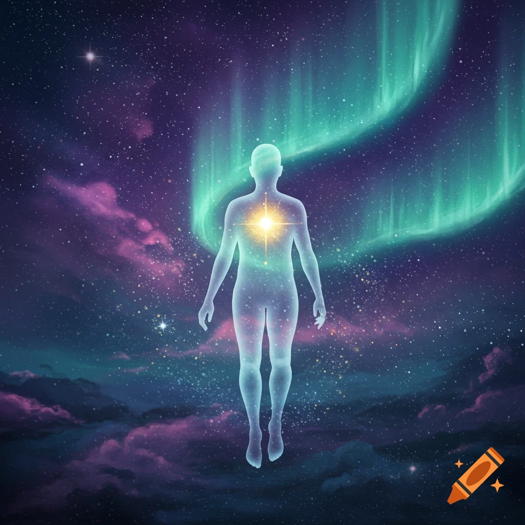 A translucent glowing human figure floats in a cosmic space with stars, nebulae, and an aurora.