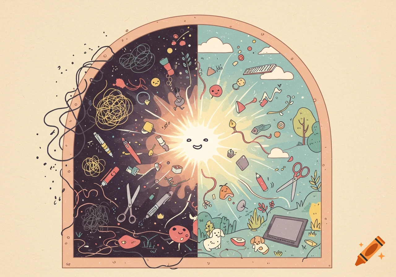 A whimsical illustration of a portal showing creative block (dark, tangled) on one side and inspiration (bright, art tools, dogs) on the other, with a smiling sun.