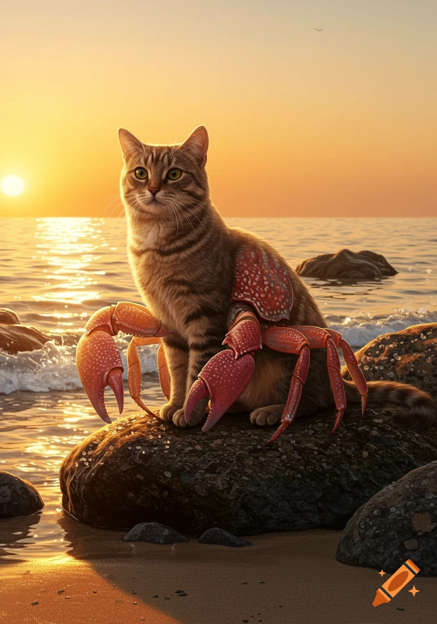 A photorealistic image of a tabby cat with red crab claws and carapace sitting on a rock by the ocean at sunset.