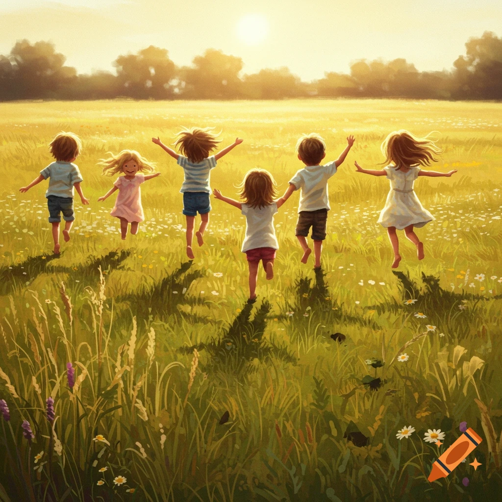 Six children run happily through a sunlit, grassy field, their long shadows trailing behind them in a painterly style.
