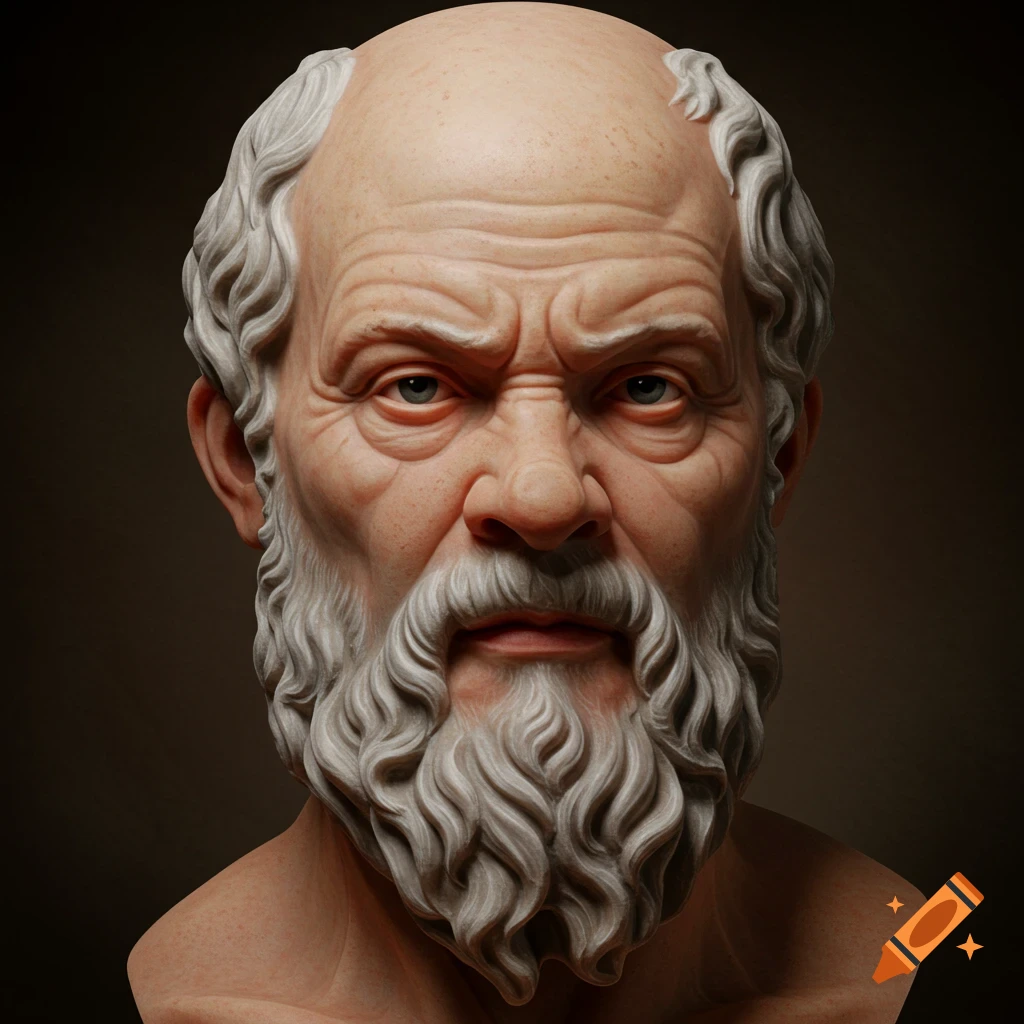 A detailed bust of Socrates, depicted with a bald head, a long white beard, and expressive facial features, against a dark background.