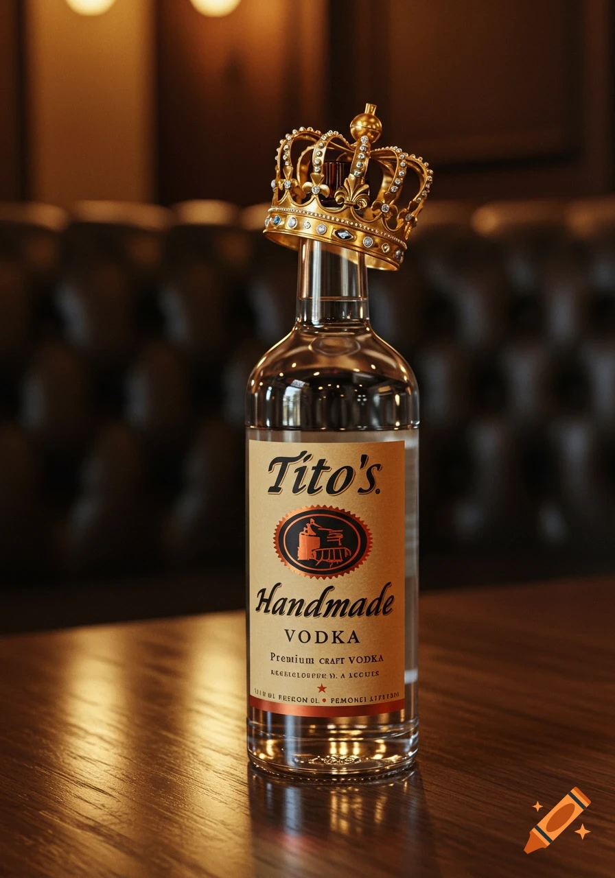 A photorealistic image of a bottle of Tito's Handmade Vodka with a golden crown resting on its cap, on a wooden table.