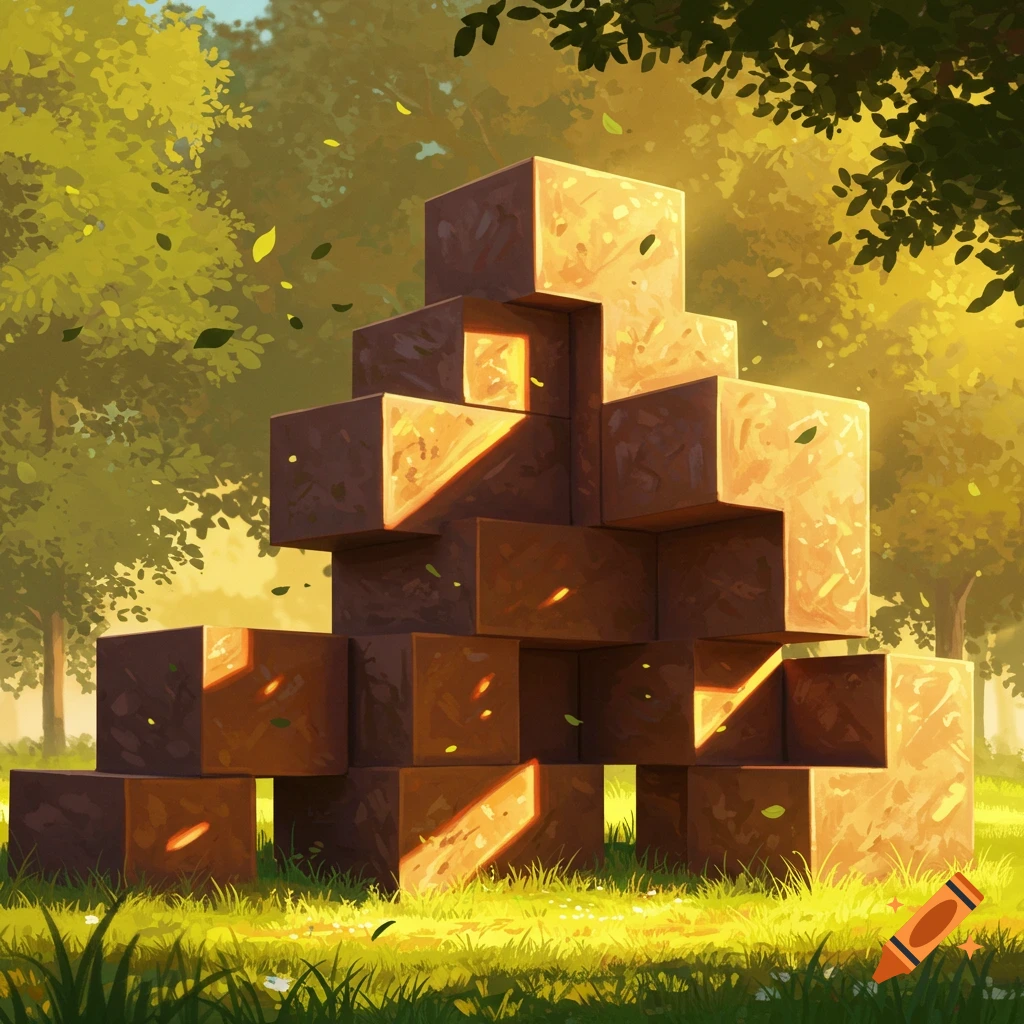 A stack of large, rough building blocks in a sunny green forest, illuminated by warm light.