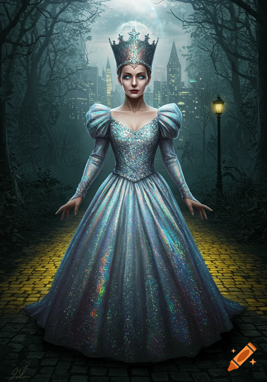A regal woman in a sparkling blue gown and ornate crown stands on a yellow brick road in a dark forest with a city skyline.