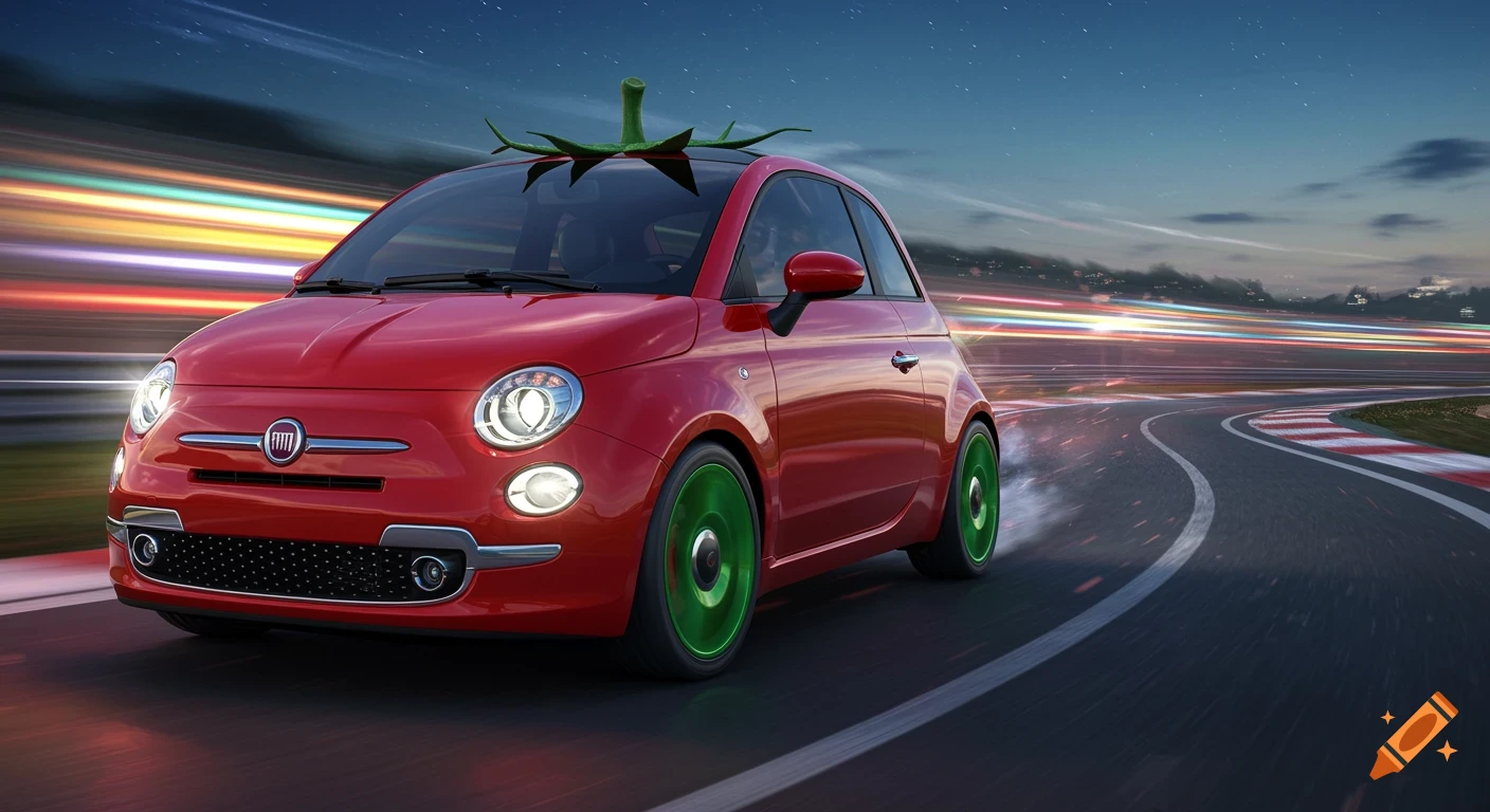 A red Fiat 500 with a tomato stem on its roof and green wheels speeds on a race track at dusk, with light trails.