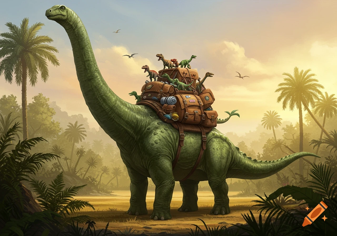 A large green brontosaurus-like dinosaur with a backpack full of smaller dinosaurs on its back, in a lush jungle at sunset.