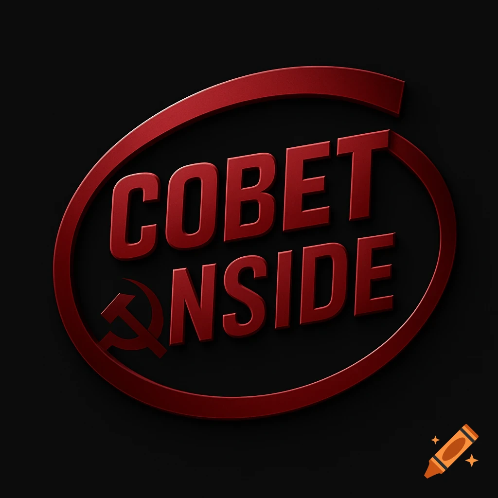 A stylized red 3D logo featuring the words "COBET INSIDE" within an oval ring, with a hammer and sickle symbol integrated below "COBET", all on a dark background.