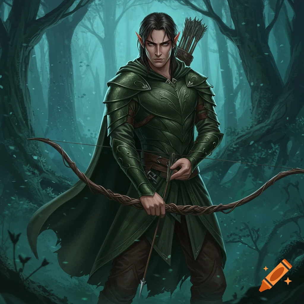 A dark-haired male elf warrior in green armor holds a bow and arrow in a dark, misty forest.