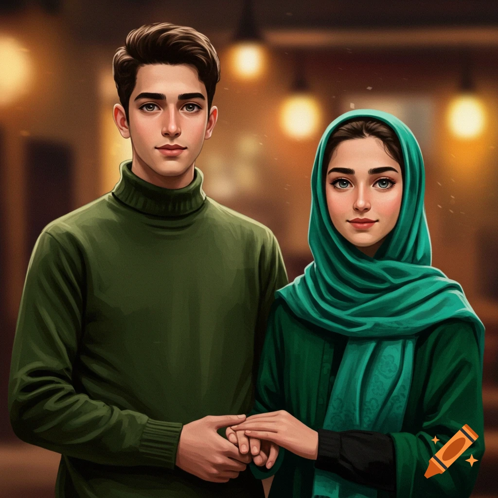 Digital illustration of a young man in a green turtleneck and a young woman in a green hijab, holding hands.