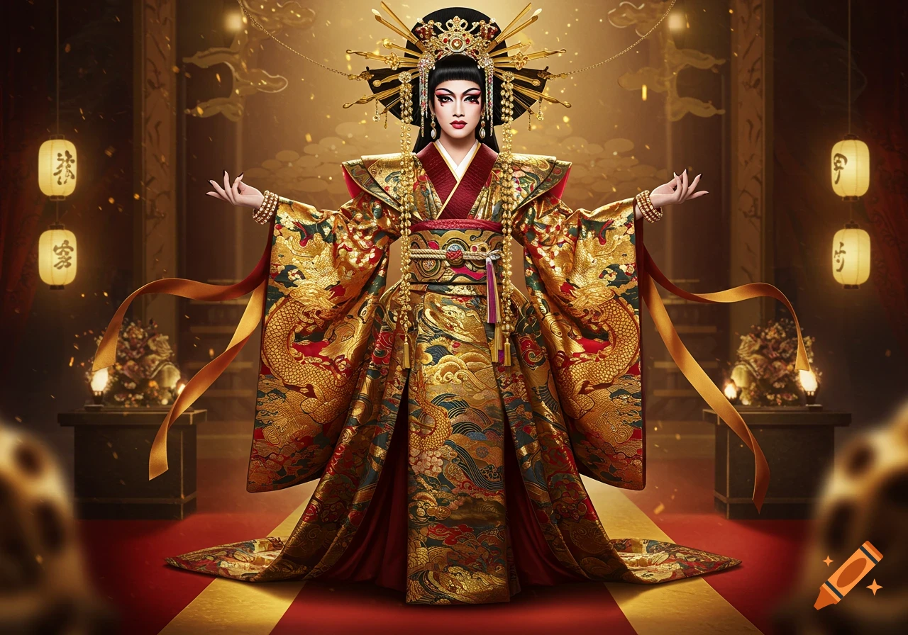 A regal drag queen in an elaborate golden and red traditional Japanese-inspired outfit with a large, ornate headpiece, standing on a red and gold carpet in a grand hall with lanterns.