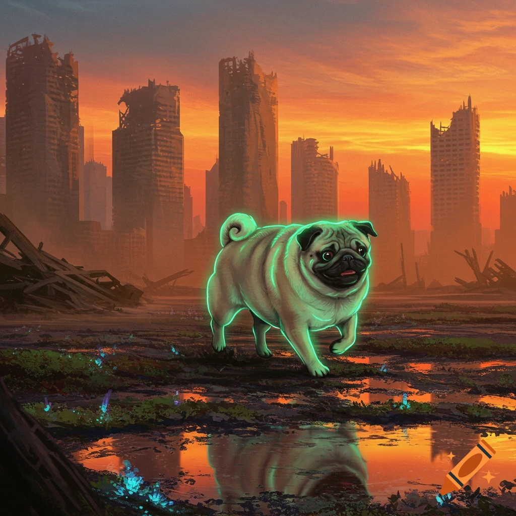 A glowing green pug dog walks through a destroyed city landscape at sunset, with remnants of buildings against an orange sky.