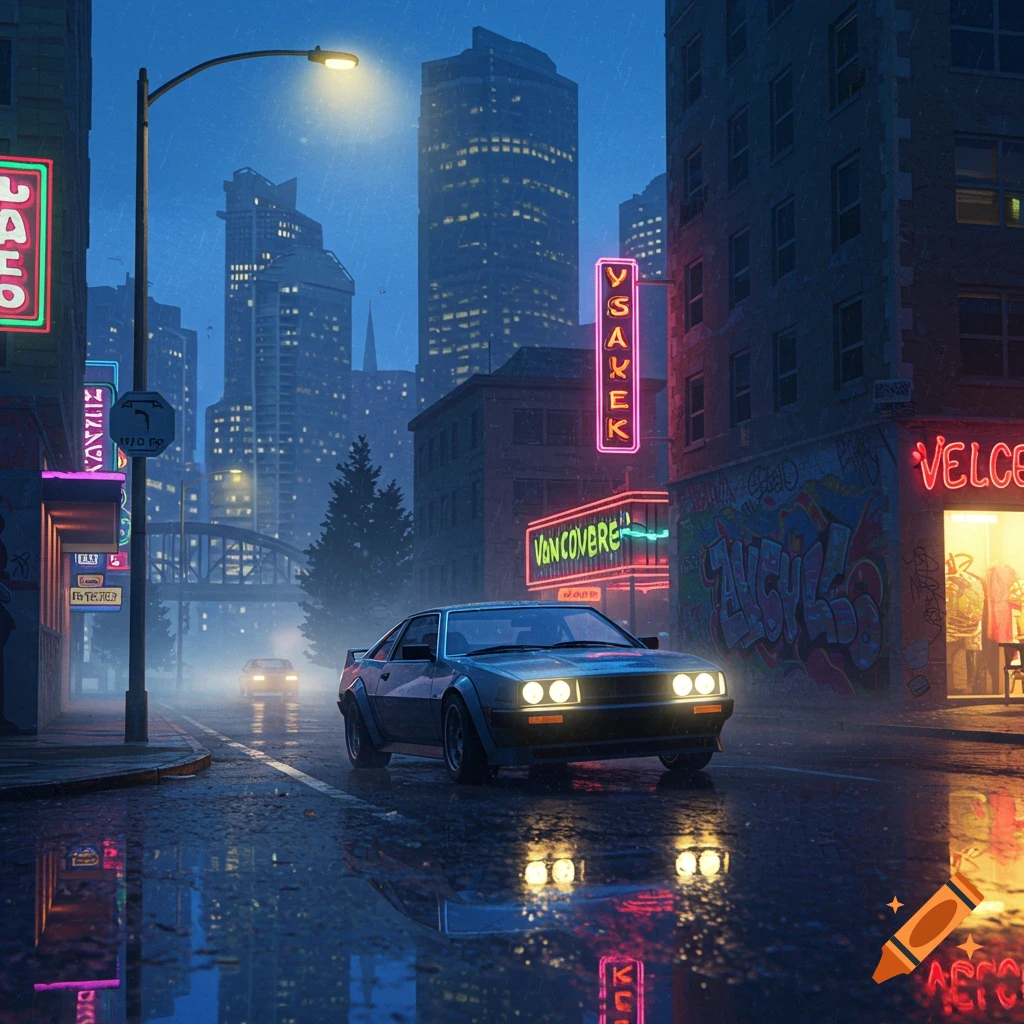 A retro-futuristic car on a wet city street at night, lit by neon signs, with tall buildings in the background.