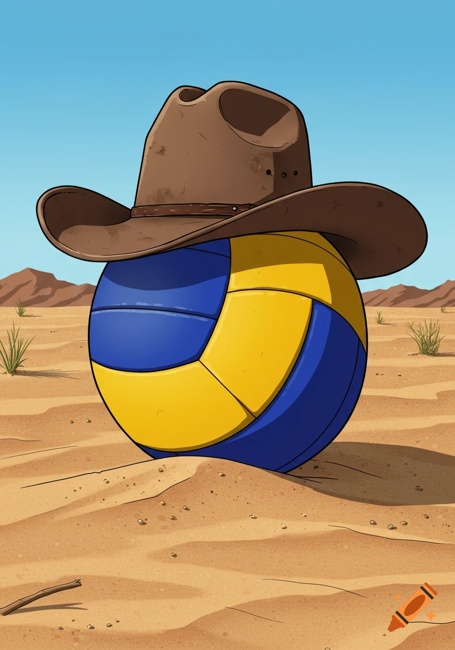 A cartoon blue and yellow volleyball wearing a brown cowboy hat stands in a sandy desert.