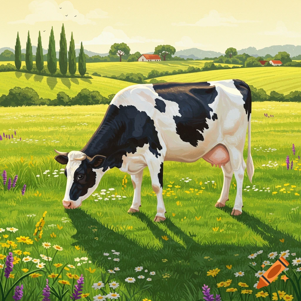 An illustrated black and white cow grazes in a sunny green field with wildflowers and distant farmhouses.