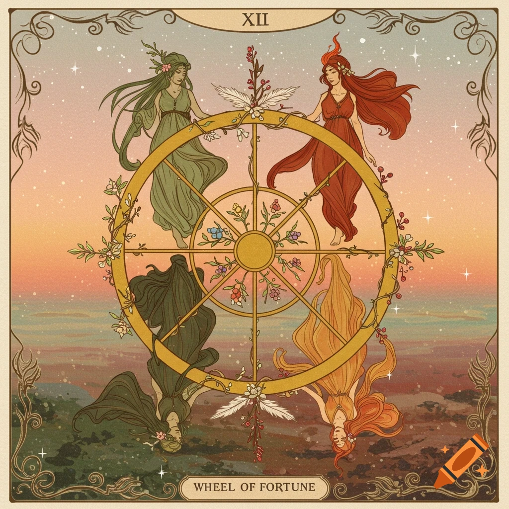 A stylized tarot card featuring four female figures in flowing robes around a golden wheel adorned with flowers and branches, against a cosmic sky and earthy landscape. Text reads "XII" and "WHEEL OF FORTUNE".