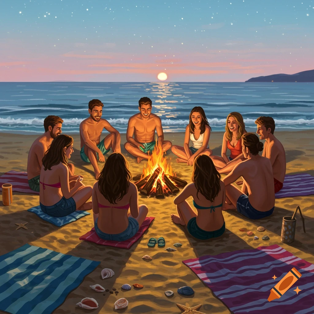 An illustration of friends sitting around a bonfire on a beach at sunset, with the sun low over the ocean.
