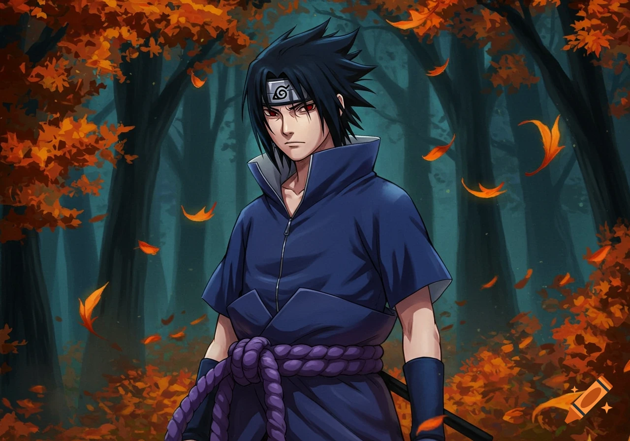 An anime character, Sasuke Uchiha, stands in a forest with dark trees and vibrant orange autumn leaves falling around him.