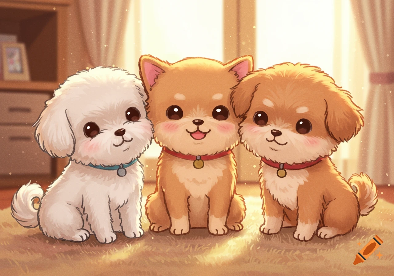 Three adorable cartoon puppies, one white and two tan, sit together on a fluffy rug in a warm, sunlit room.