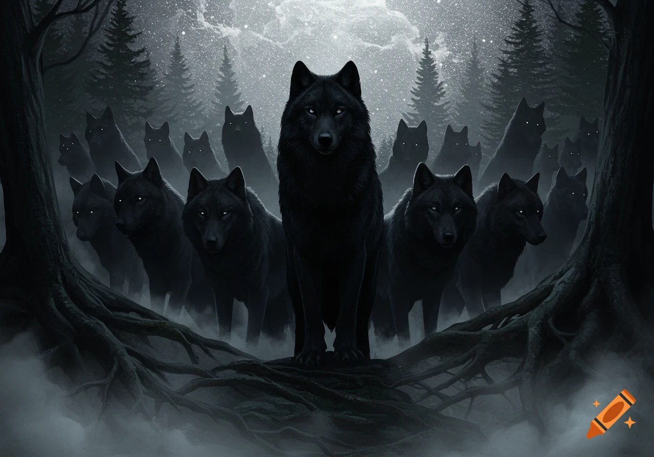 A pack of glowing-eyed black wolves stands in a misty, dark forest at night, with an alpha wolf at the forefront.