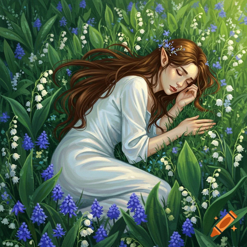 An elf woman with long brown hair, wearing a white gown, sleeps peacefully in a lush field of white lily of the valley and purple grape hyacinth flowers.