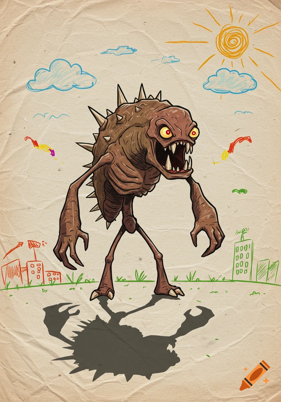 A detailed, brown, spiky monster with red eyes and large teeth stands on a paper background with childlike crayon drawings of a sun, clouds, and buildings.