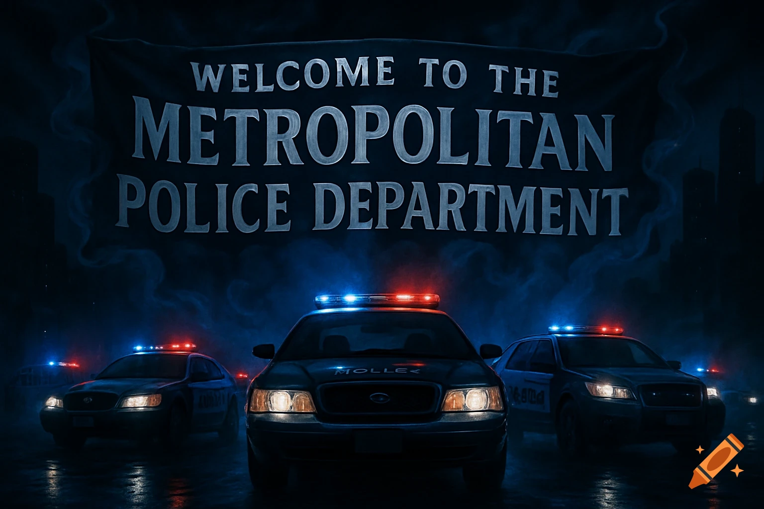A dark banner hangs above three police cars with flashing lights, reading "WELCOME TO THE METROPOLITAN POLICE DEPARTMENT". The scene is at night with blue smoke.