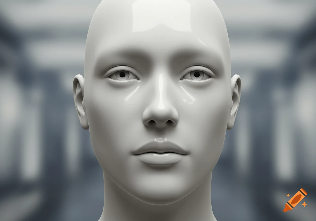 A smooth, bald, white mannequin head with grey eyes, looking forward, against a blurred grey background.