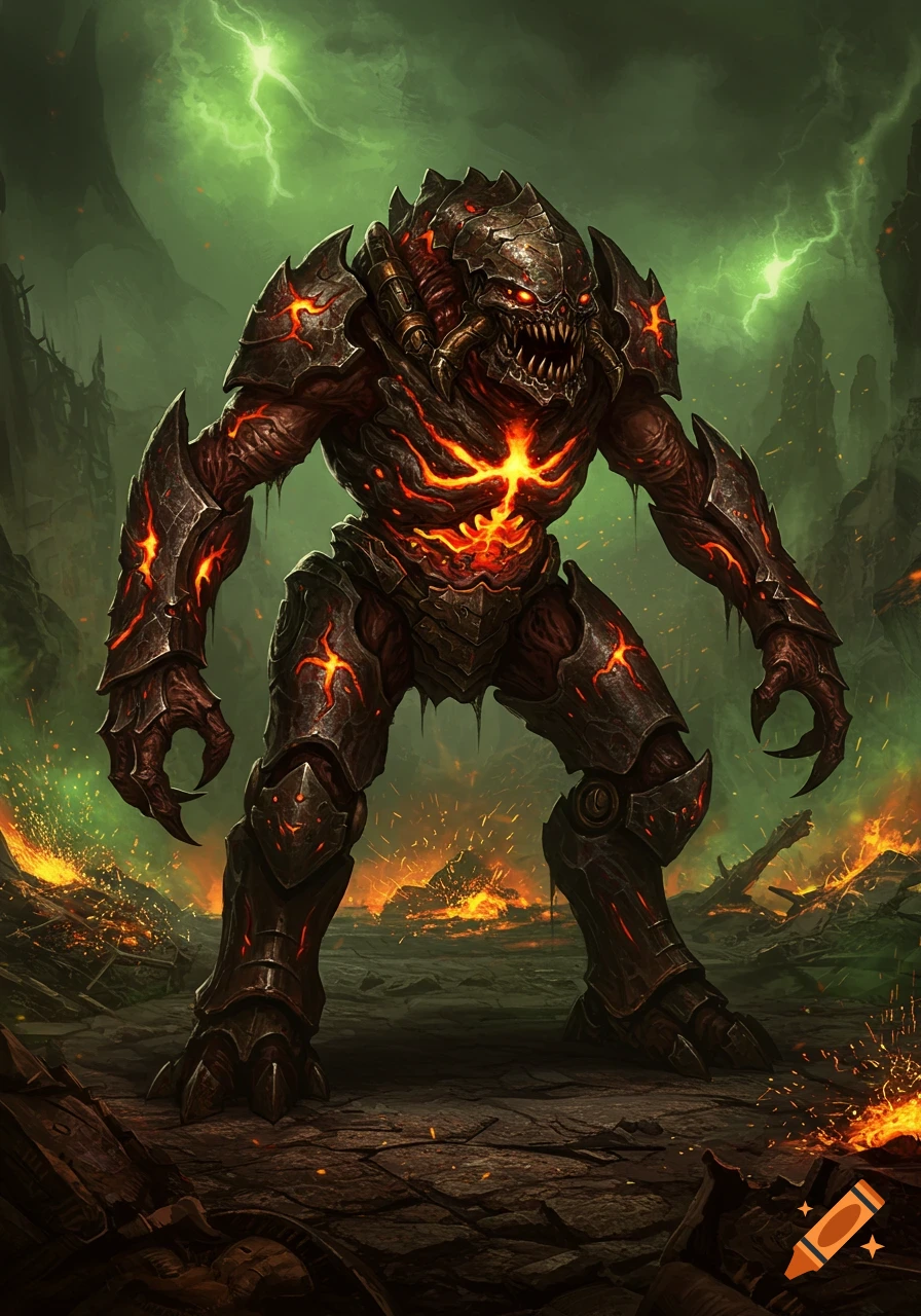 A monstrous, lava-infused creature in spiky dark armor stands in a desolate, fiery landscape under a green, stormy sky, video game art.