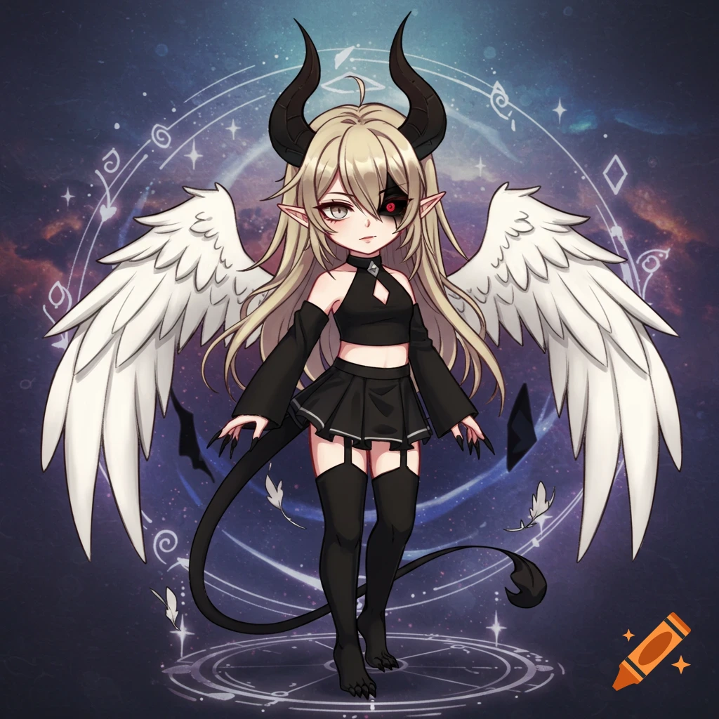 An anime gacha life girl with blonde hair, black horns, white wings, and a black outfit stands against a cosmic background.