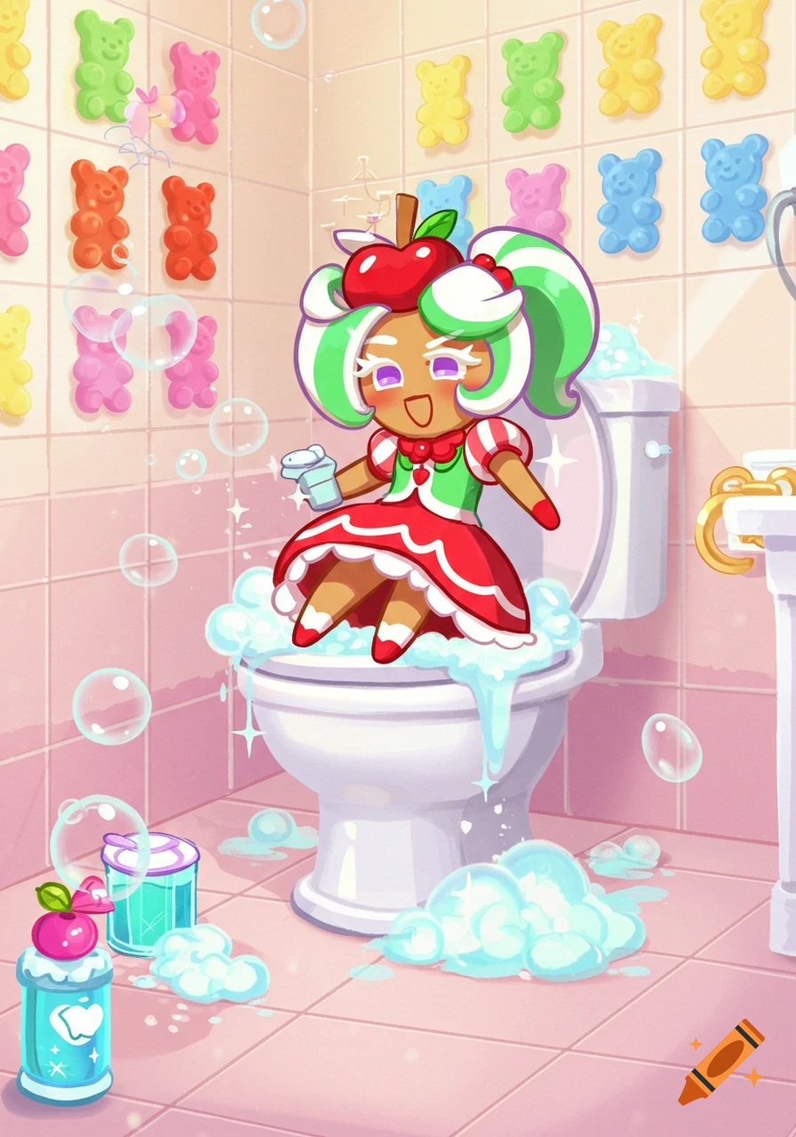 A cute anime-style character, Candy Apple Cookie, sits on a toilet overflowing with bubbles in a pink bathroom decorated with gummy bears.