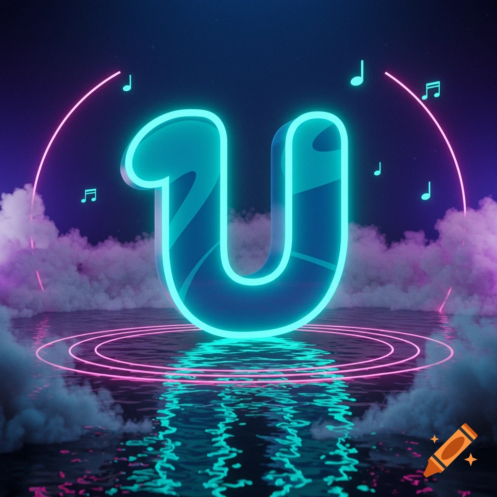 A glowing neon blue letter U surrounded by pink neon rings, musical notes, and clouds over reflective water in a dark, atmospheric setting.