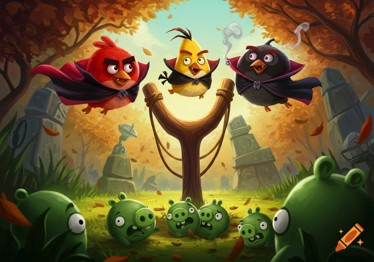 Red, Chuck, and Bomb, the Angry Birds, dressed as vampires, fly over a slingshot scaring green pigs in an autumn forest.