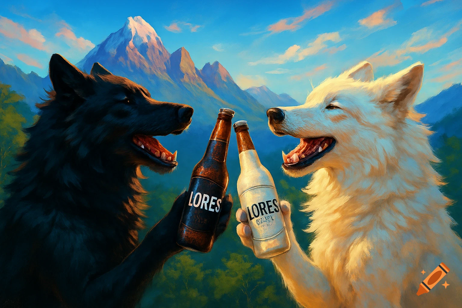 Two happy anthropomorphic wolves, one black and one white, clinking "LORES" beer bottles together with a mountainous landscape under a blue sky.