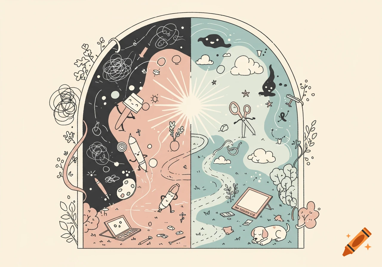 A whimsical digital illustration depicting a creative world within an arch, split into dark, tangled creative block and bright, flowing inspiration zones, with friendly art tools and a sleeping dog.