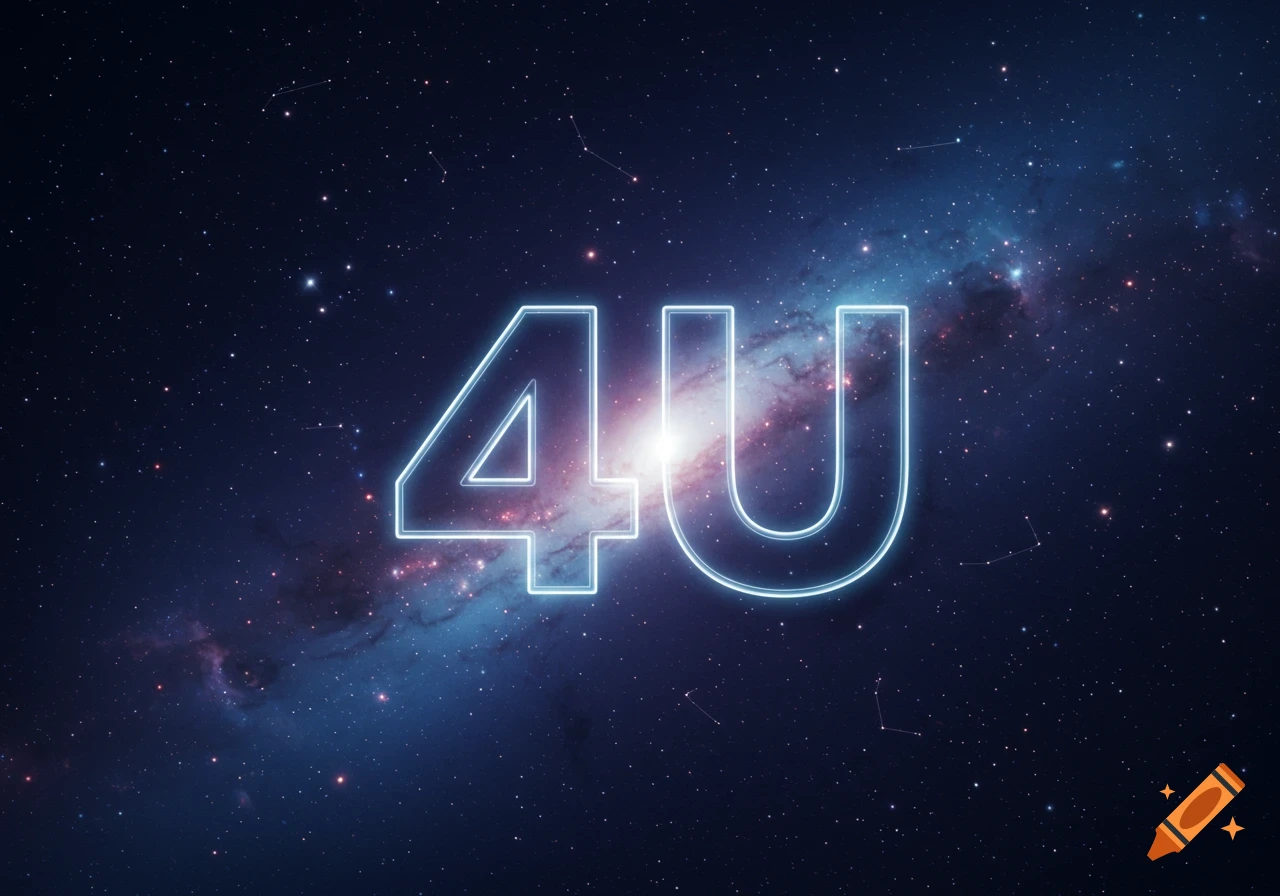 Glowing blue neon text '4U' against a dark cosmic background with stars and a nebula.