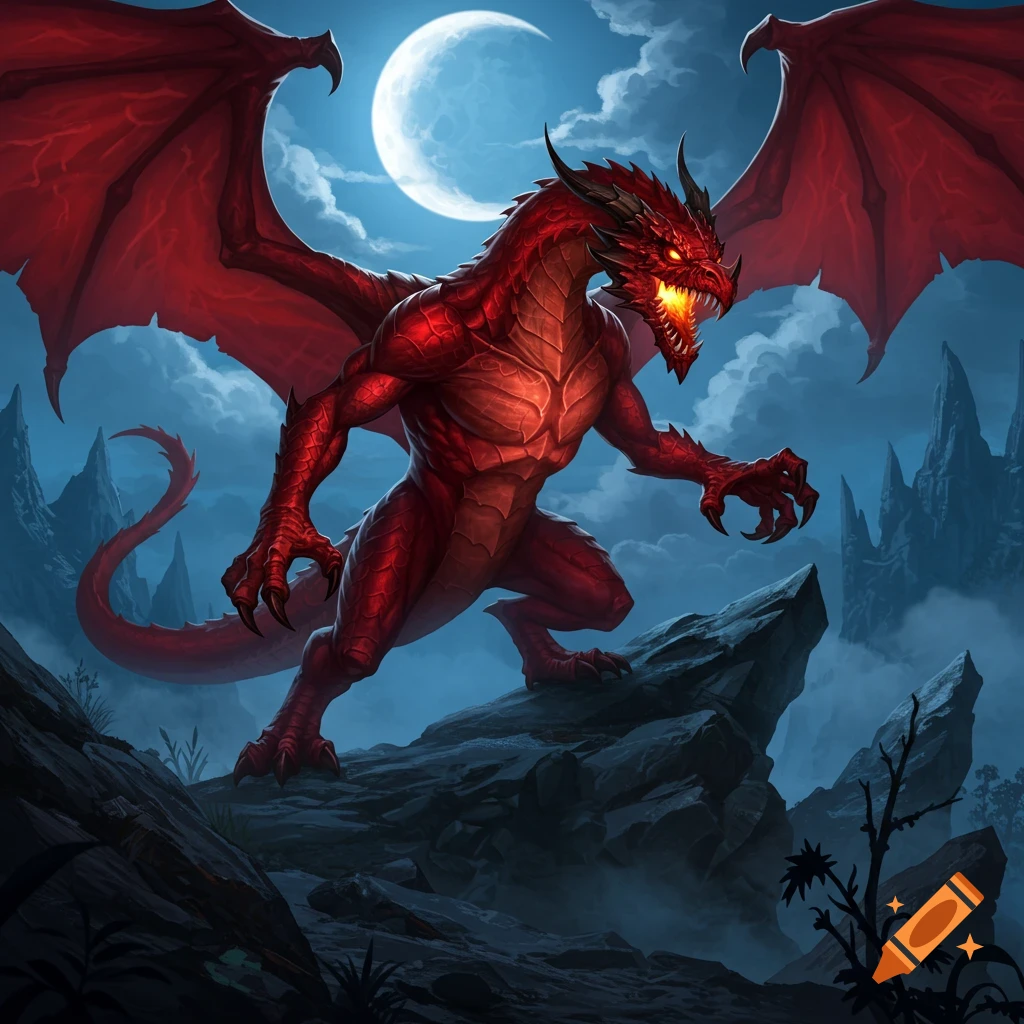 A menacing red dragon with glowing eyes and large wings crouches on a rocky outcrop under a large full moon in a dark fantasy landscape.