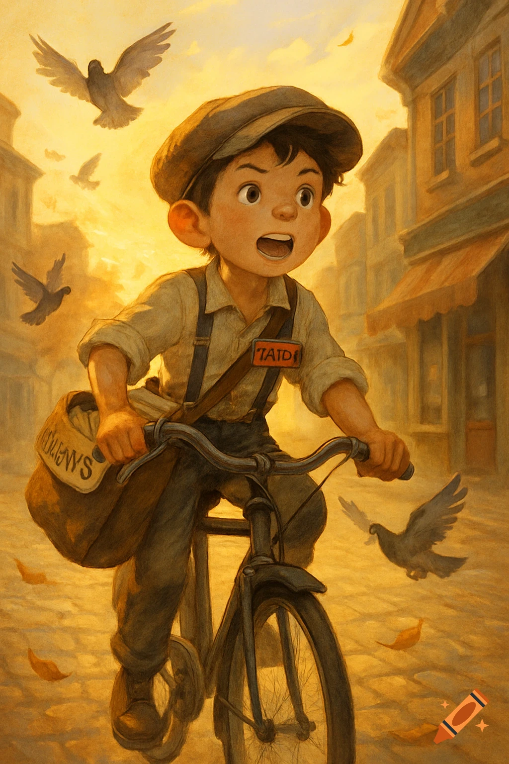 An illustrated newsboy in a cap and suspenders rides a bicycle through a sunny, golden-hued city street with pigeons flying around him.