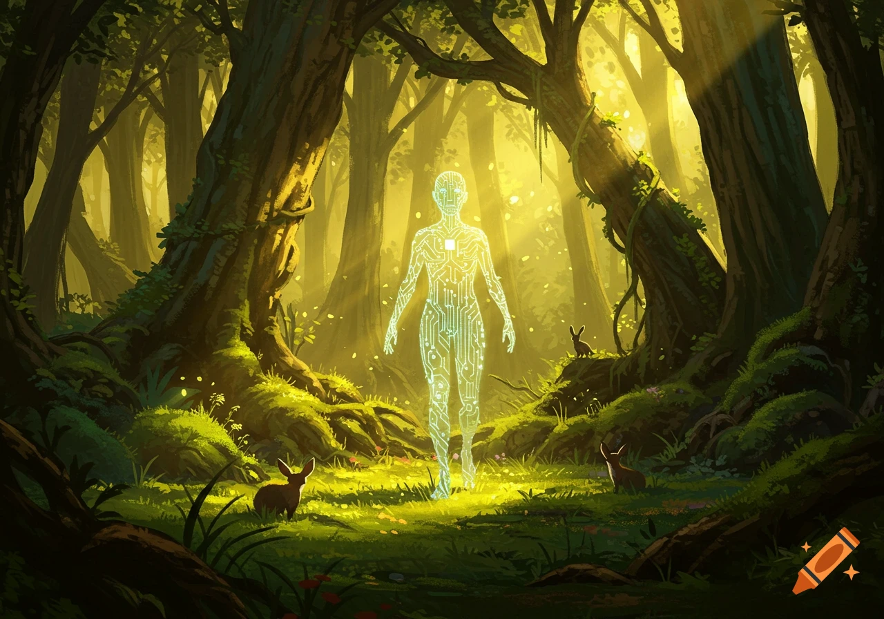 A glowing humanoid figure with circuit patterns stands in a lush, sunlit forest with rabbits.