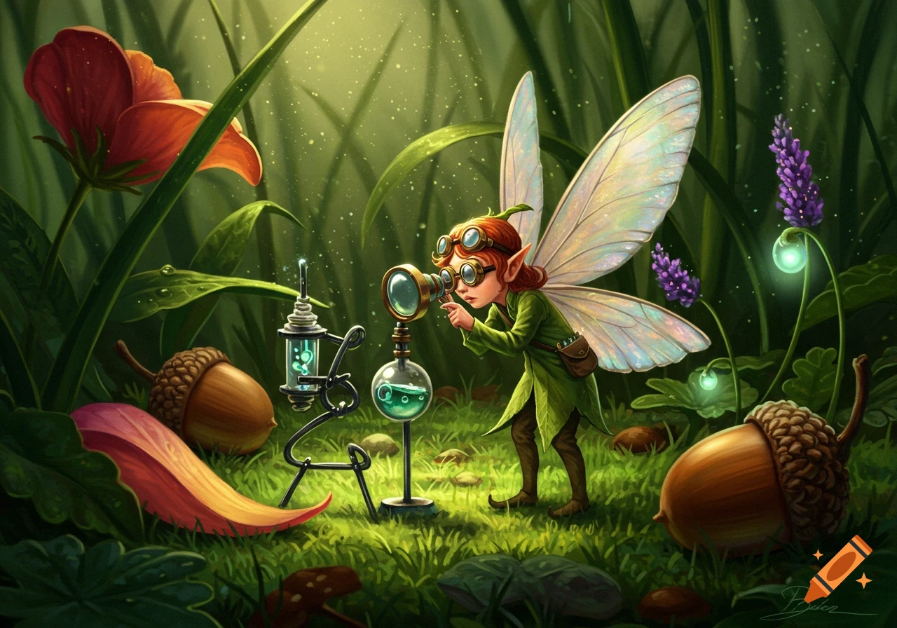 A tiny fairy scientist with goggles observes a glowing blue liquid in a beaker through a large magnifying glass in a lush, illuminated forest.