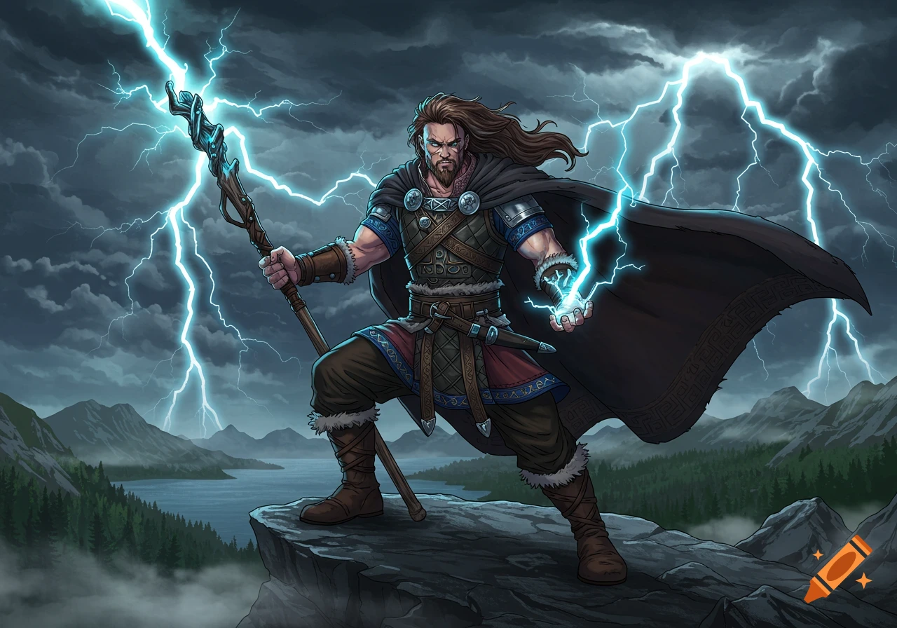 A fantasy viking warrior with long hair stands on a cliff, wielding a staff and conjuring lightning during a storm over a lake.
