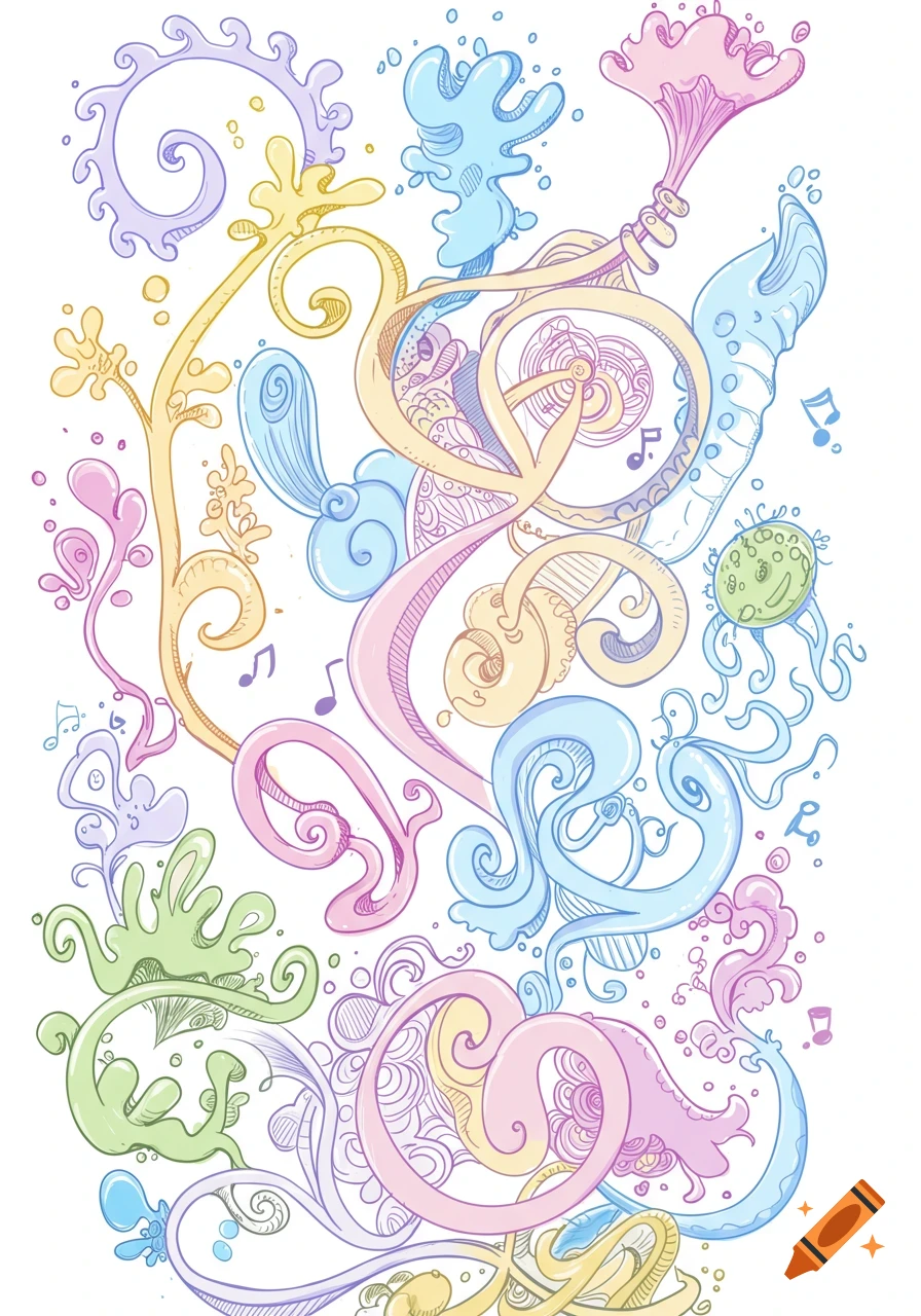 Colorful abstract doodle with swirling shapes, organic forms, and musical notes on a white background, in a whimsical line art style.