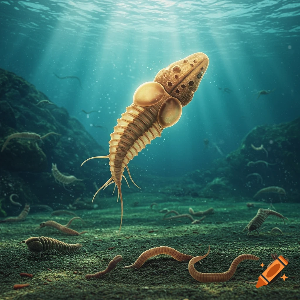 A detailed illustration of a Saccorhytus, a Cambrian sea animal, swimming in a sunlit underwater environment with other ancient creatures on the seabed.