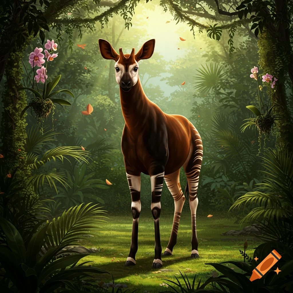 An okapi stands in a sunlit, lush green jungle with pink orchids and falling leaves.