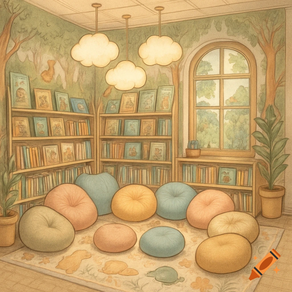 A cozy illustrated children's book nook with bookshelves, colorful bean bags, and cloud-shaped lights.