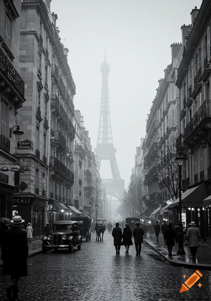 A misty, black and white street scene in 1920s Paris, with vintage cars, pedestrians, and the Eiffel Tower in the distance.