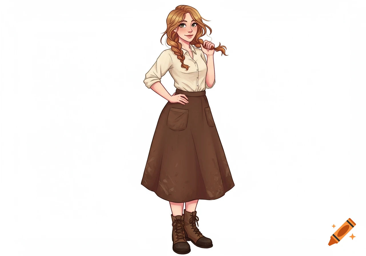 Full-body cartoon illustration of a young woman with braided hair, wearing a cream blouse, brown skirt, and lace-up boots, smiling on a white background.